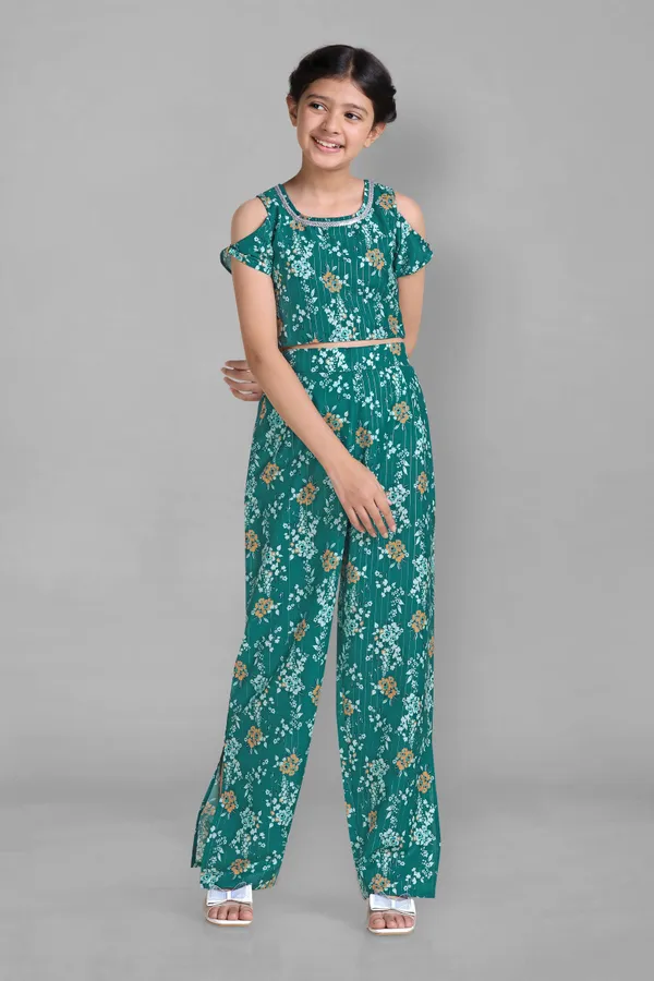 Green_Ethnic_Wear_Polyester_Blend_Fabric_Casual_Crop_Top_With_Pant_Set_For_Girls