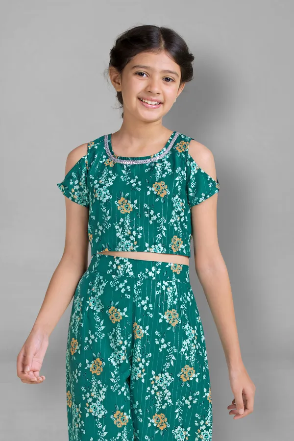 Green_Ethnic_Wear_Polyester_Blend_Fabric_Casual_Crop_Top_With_Pant_Set_For_Girls