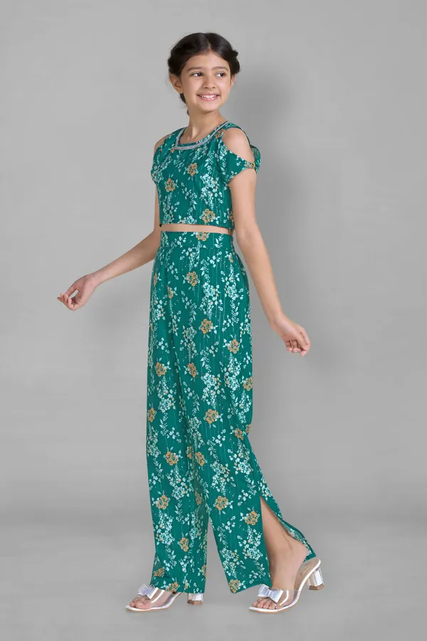 Green_Ethnic_Wear_Polyester_Blend_Fabric_Casual_Crop_Top_With_Pant_Set_For_Girls