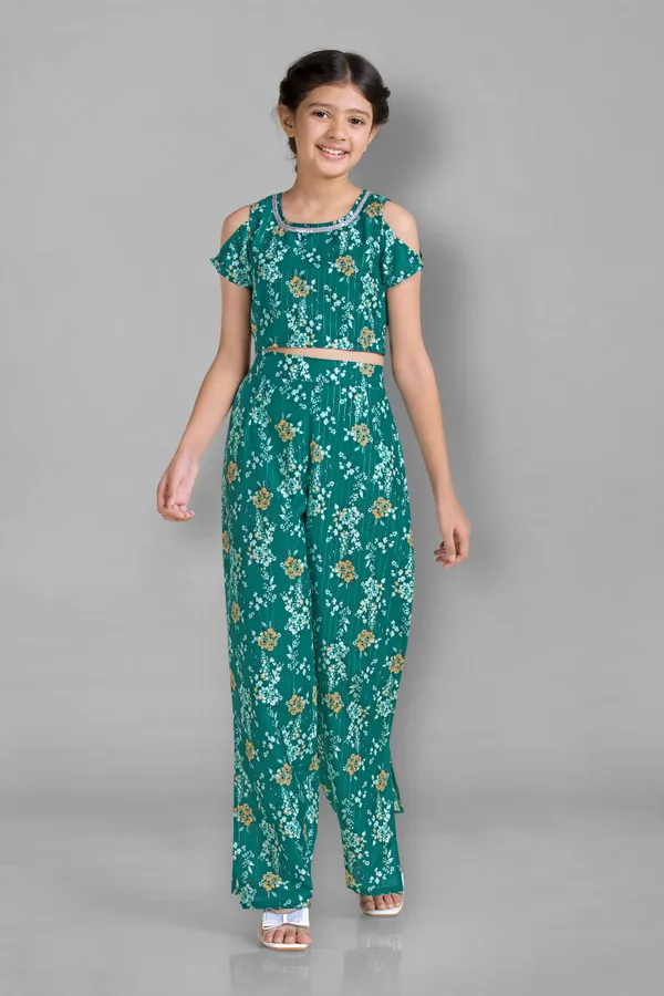 Green_Ethnic_Wear_Polyester_Blend_Fabric_Casual_Crop_Top_With_Pant_Set_For_Girls