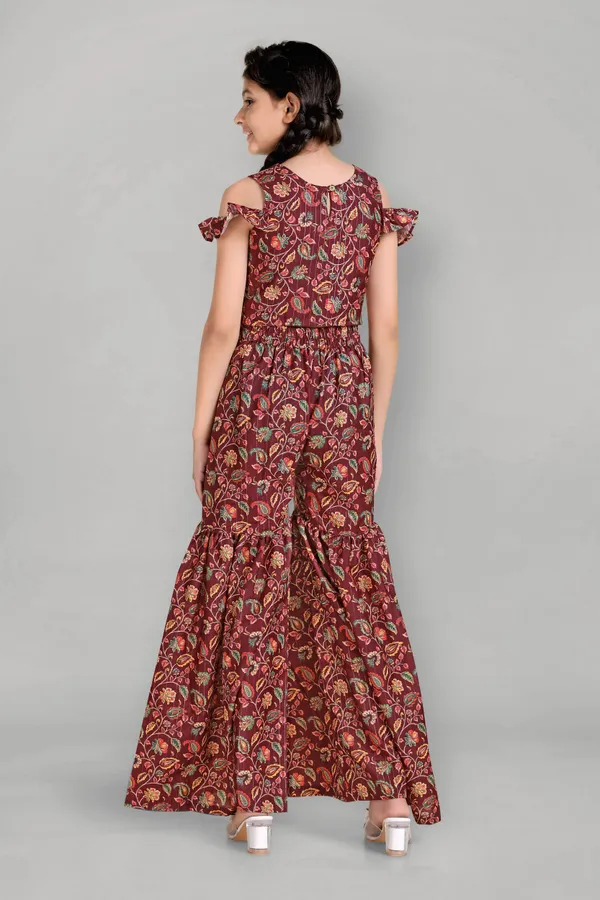 Maroon_Polyester_Blend_Cold_Shoulder_Top_With_Sharara_Pant_Set_For_Girls