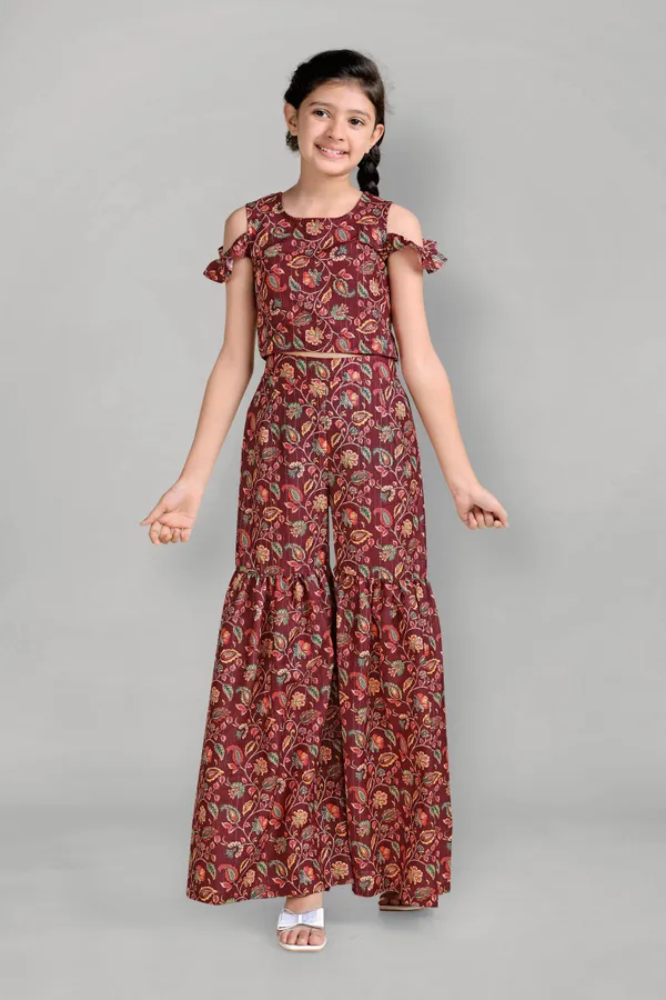 Maroon_Polyester_Blend_Cold_Shoulder_Top_With_Sharara_Pant_Set_For_Girls