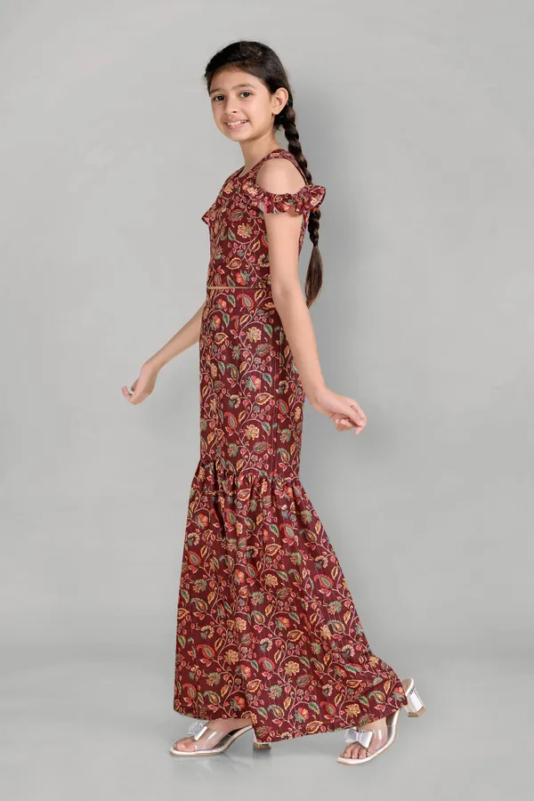 Maroon_Polyester_Blend_Cold_Shoulder_Top_With_Sharara_Pant_Set_For_Girls