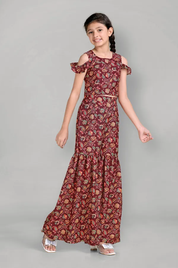 Maroon_Polyester_Blend_Cold_Shoulder_Top_With_Sharara_Pant_Set_For_Girls