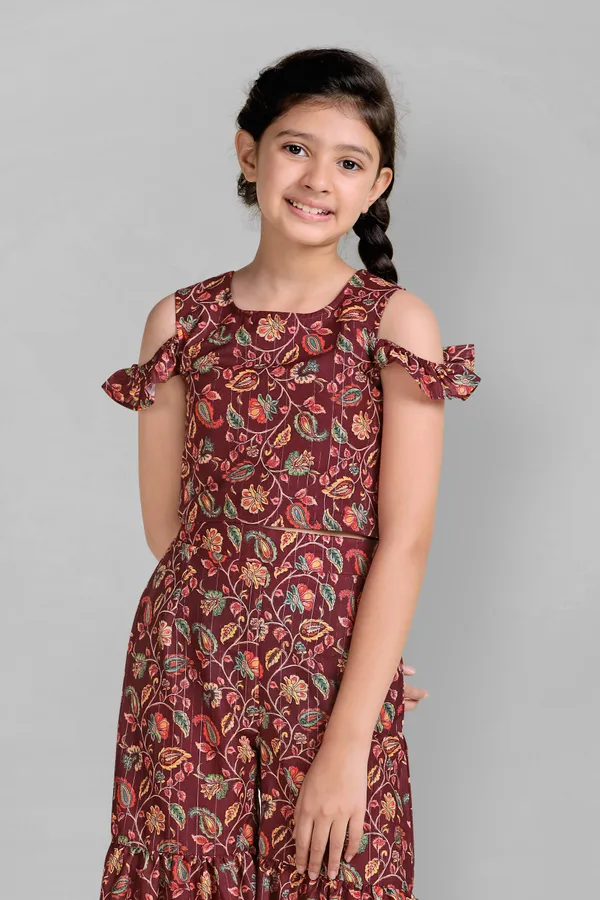 Maroon_Polyester_Blend_Cold_Shoulder_Top_With_Sharara_Pant_Set_For_Girls