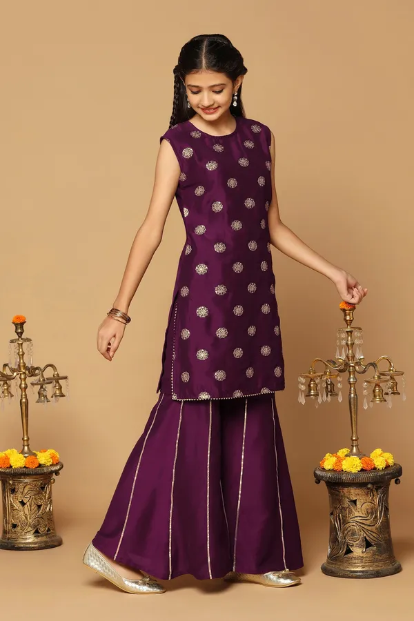 Wine_Chinon_Embroidered_Straight_Kurta_With_Sharara_Set_For_Girls
