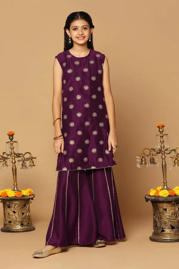 Wine_Chinon_Embroidered_Straight_Kurta_With_Sharara_Set_For_Girls