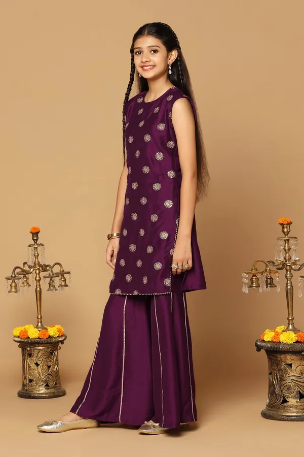 Wine_Chinon_Embroidered_Straight_Kurta_With_Sharara_Set_For_Girls