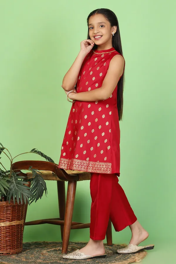 Red_Taffeta_Printed_Kurta_And_Trouser_Set_For_Girls