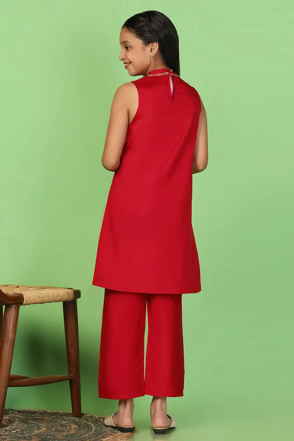 Red_Taffeta_Printed_Kurta_And_Trouser_Set_For_Girls