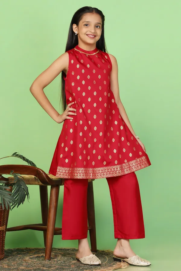 Red_Taffeta_Printed_Kurta_And_Trouser_Set_For_Girls