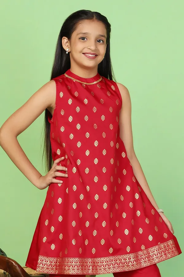 Red_Taffeta_Printed_Kurta_And_Trouser_Set_For_Girls