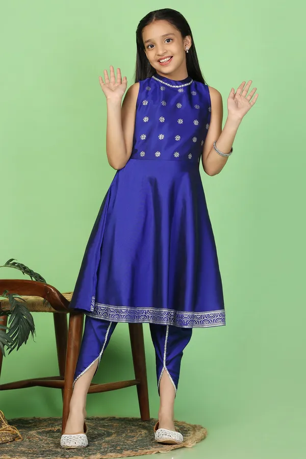 Blue_Knee_Length_Kurta_And_Dhoti_Pant_Suit_Set_For_Girls