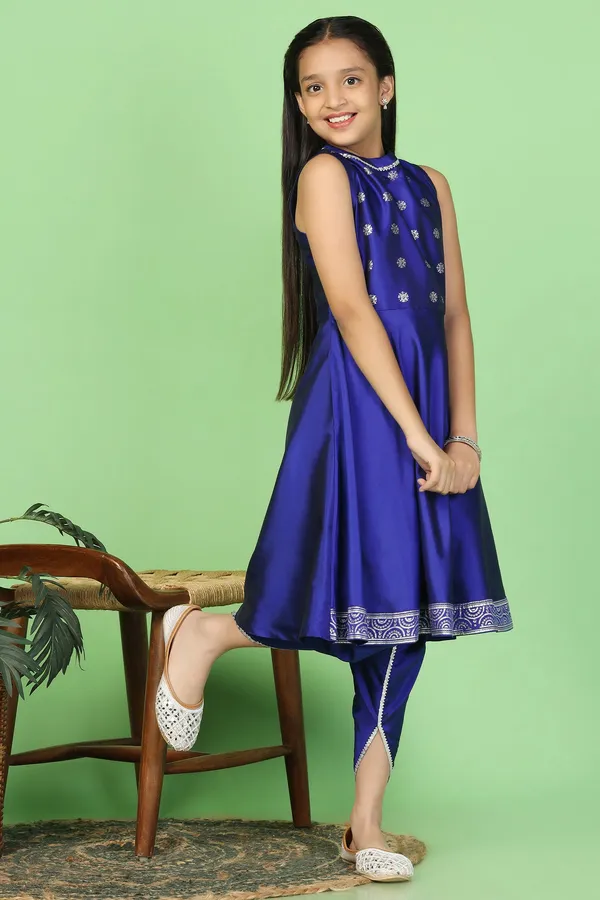 Blue_Knee_Length_Kurta_And_Dhoti_Pant_Suit_Set_For_Girls