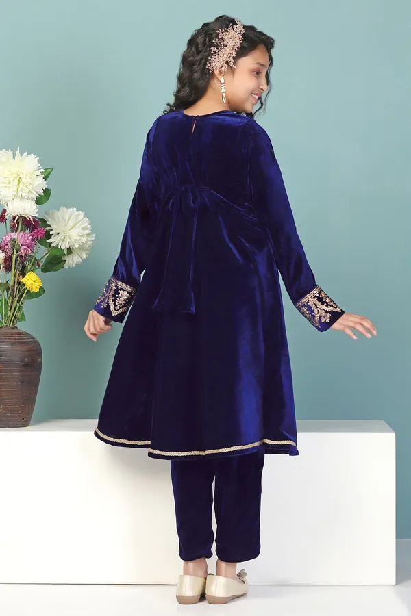 Navy_Blue_Solid_Velvet_Kurta_With_Salwar_Set_For_Girls