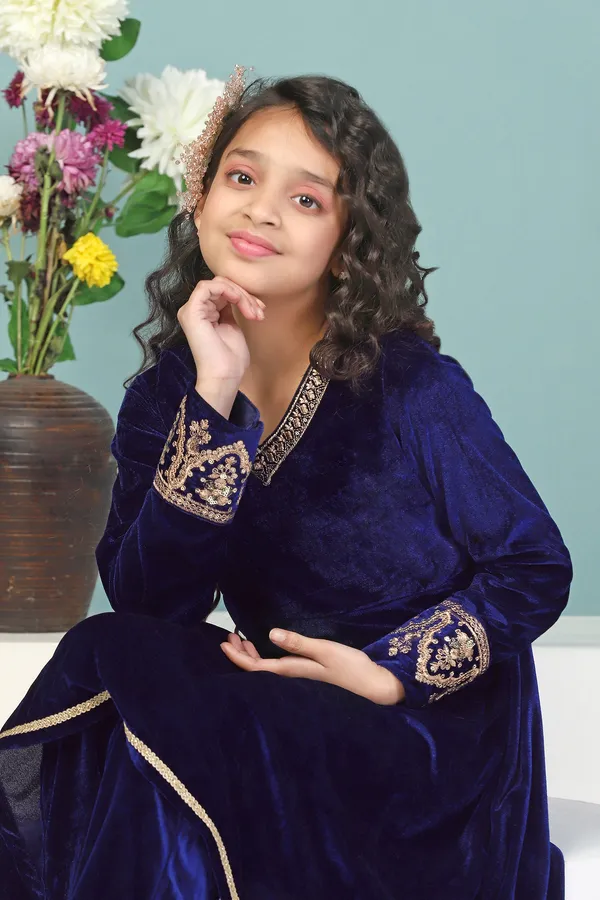 Navy_Blue_Solid_Velvet_Kurta_With_Salwar_Set_For_Girls