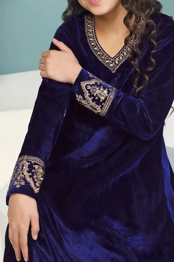 Navy_Blue_Solid_Velvet_Kurta_With_Salwar_Set_For_Girls