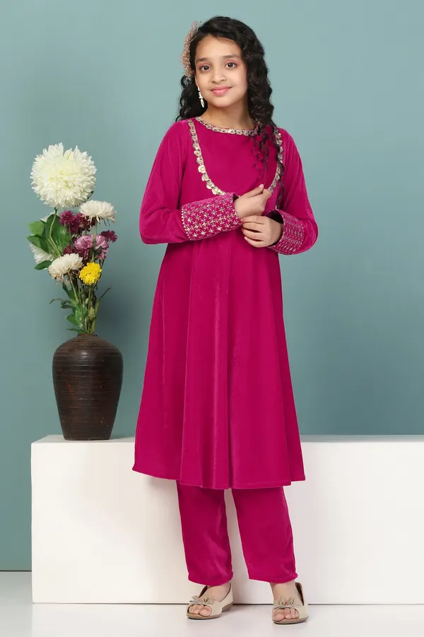 Rani_Velvet_Solid_Calf_Length_A-Line_Kurta_With_Trouser_Set_For_Girls