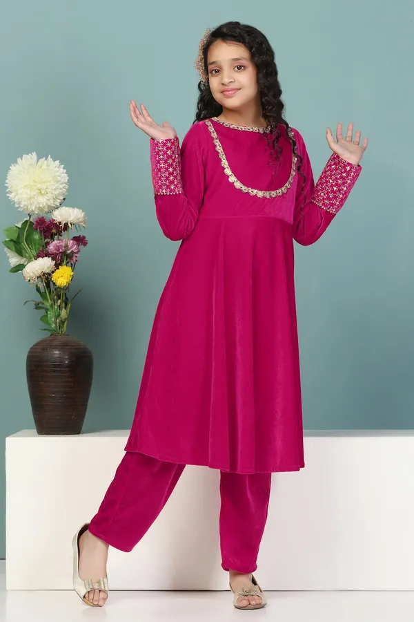 Rani_Velvet_Solid_Calf_Length_A-Line_Kurta_With_Trouser_Set_For_Girls