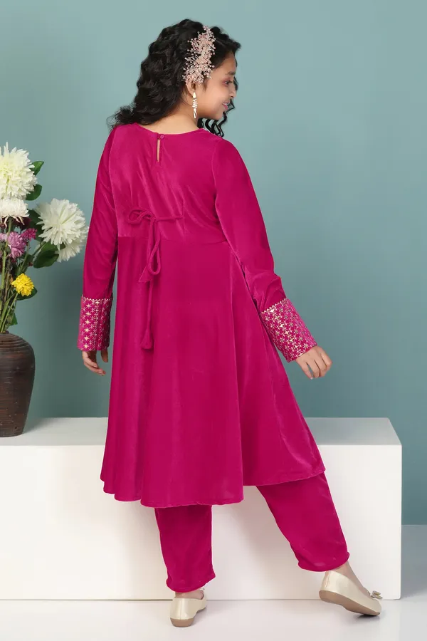 Rani_Velvet_Solid_Calf_Length_A-Line_Kurta_With_Trouser_Set_For_Girls