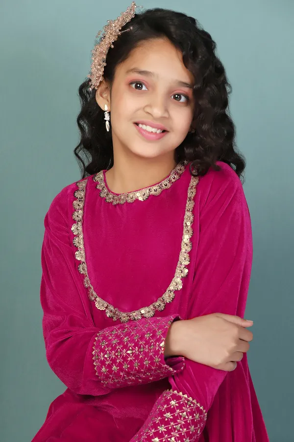 Rani_Velvet_Solid_Calf_Length_A-Line_Kurta_With_Trouser_Set_For_Girls