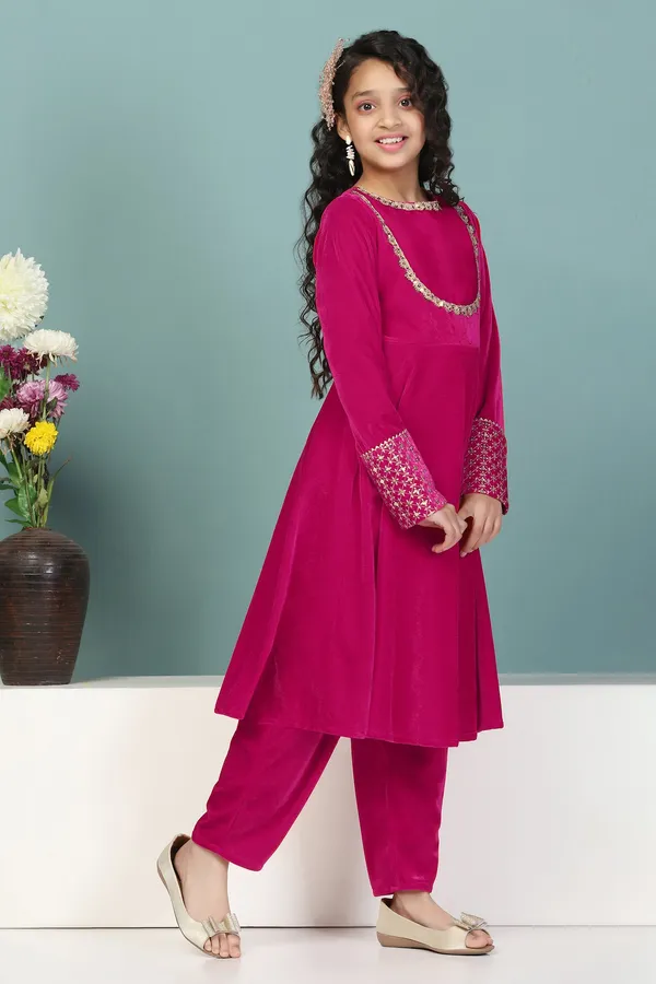 Rani_Velvet_Solid_Calf_Length_A-Line_Kurta_With_Trouser_Set_For_Girls