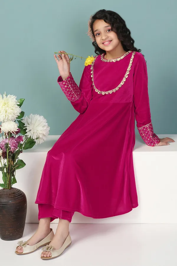 Rani_Velvet_Solid_Calf_Length_A-Line_Kurta_With_Trouser_Set_For_Girls