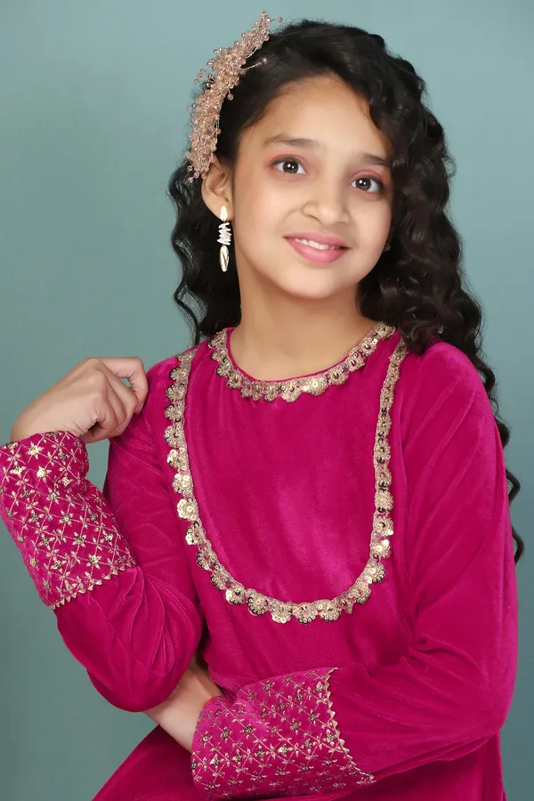 Rani_Velvet_Solid_Calf_Length_A-Line_Kurta_With_Trouser_Set_For_Girls