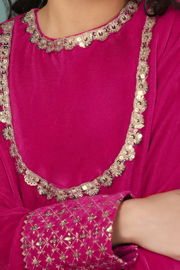 Rani_Velvet_Solid_Calf_Length_A-Line_Kurta_With_Trouser_Set_For_Girls
