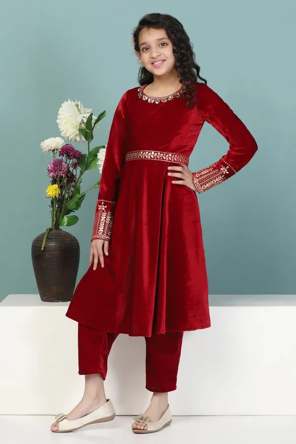 Maroon_Velvet_Solid_Flared_Kurta_With_Pant_Set_For_Girls