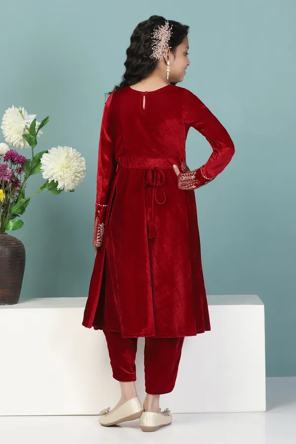 Maroon_Velvet_Solid_Flared_Kurta_With_Pant_Set_For_Girls