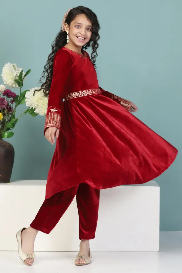 Maroon_Velvet_Solid_Flared_Kurta_With_Pant_Set_For_Girls