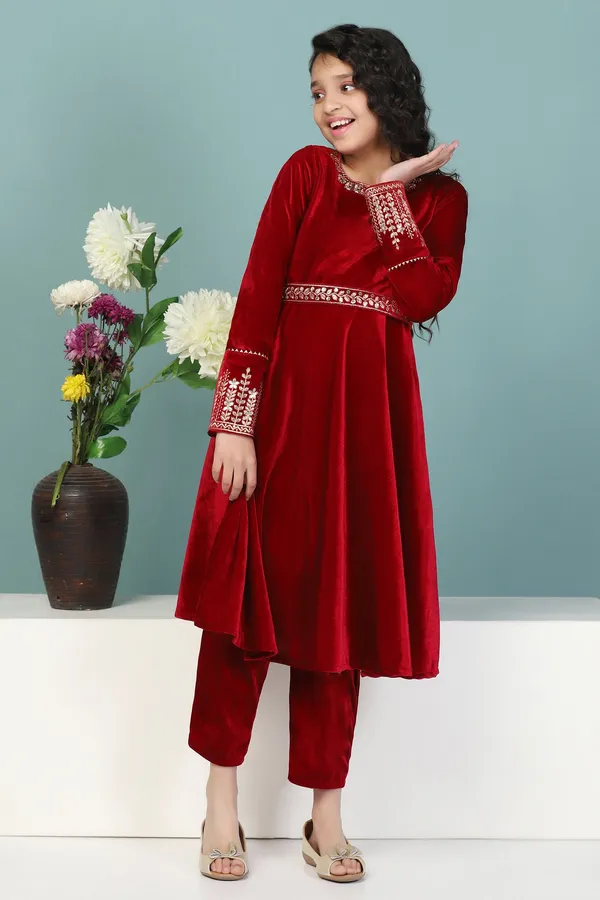 Maroon_Velvet_Solid_Flared_Kurta_With_Pant_Set_For_Girls