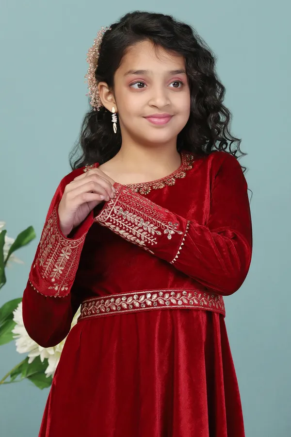 Maroon_Velvet_Solid_Flared_Kurta_With_Pant_Set_For_Girls