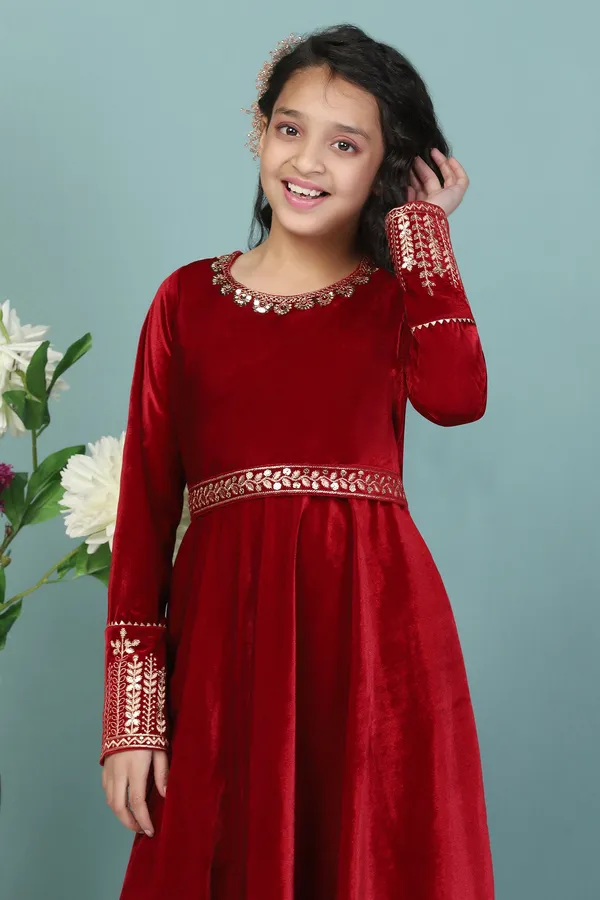 Maroon_Velvet_Solid_Flared_Kurta_With_Pant_Set_For_Girls