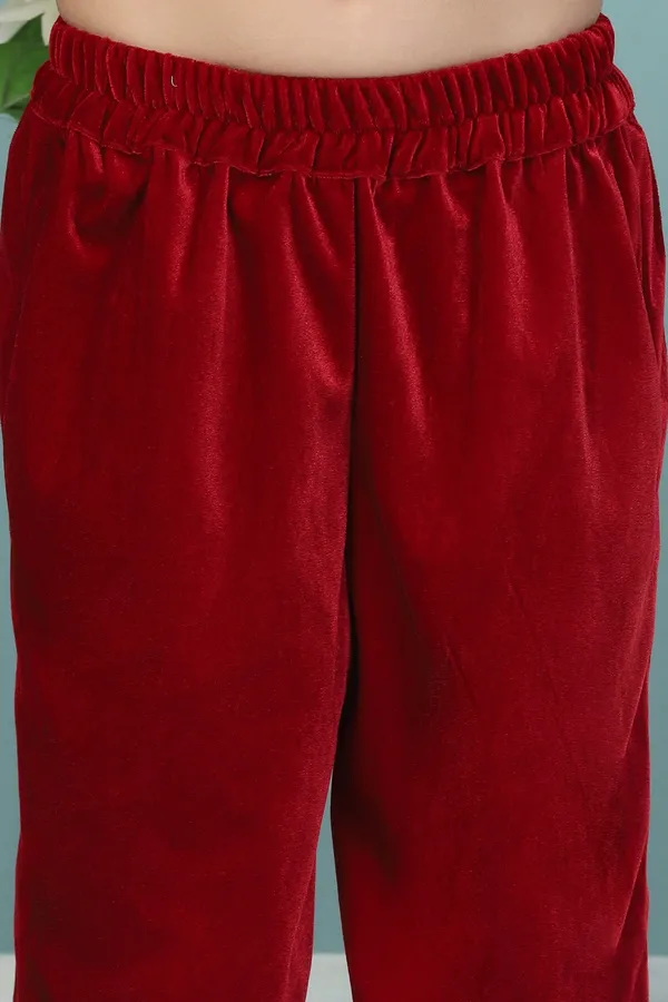 Maroon_Velvet_Solid_Flared_Kurta_With_Pant_Set_For_Girls