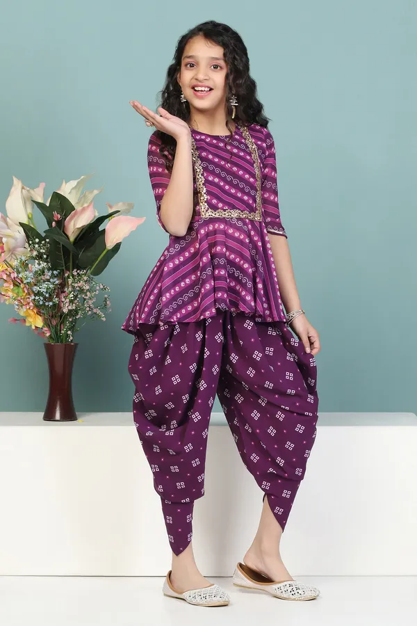 Dark_Purple_Georgette_Leheriya_Printed_Kurta_With_Dhoti_Set_For_Girls