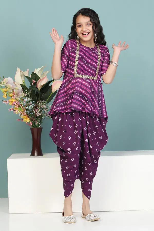 Dark_Purple_Georgette_Leheriya_Printed_Kurta_With_Dhoti_Set_For_Girls