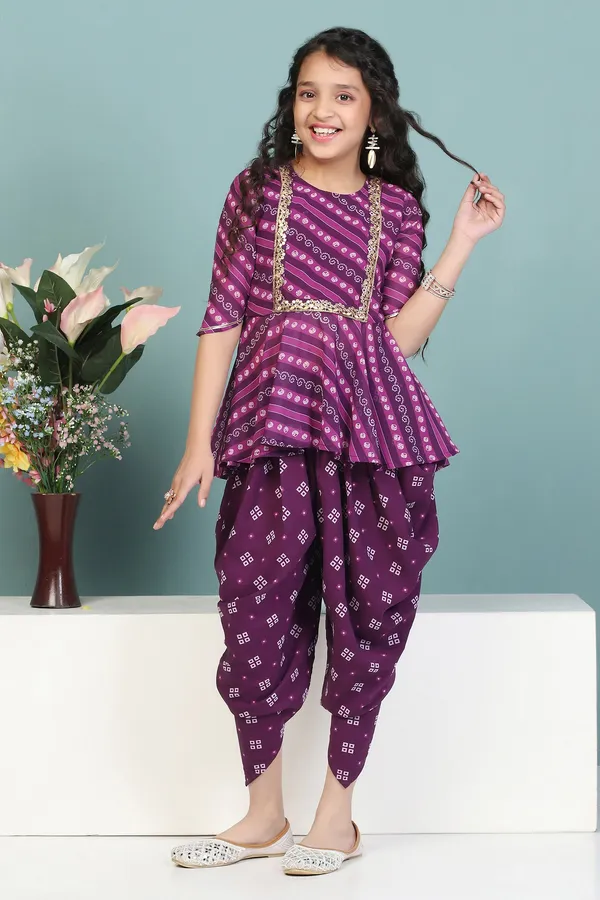 Dark_Purple_Georgette_Leheriya_Printed_Kurta_With_Dhoti_Set_For_Girls