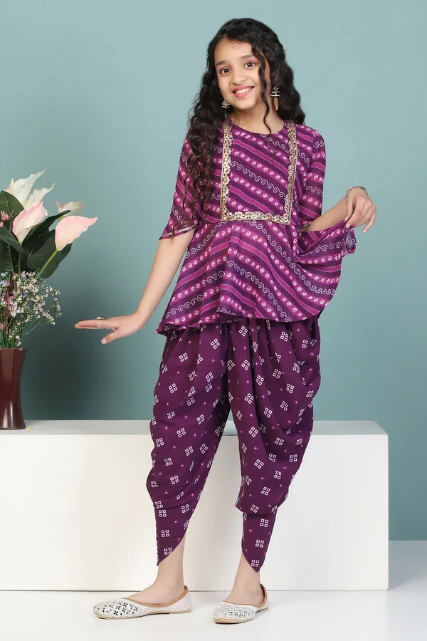 Dark_Purple_Georgette_Leheriya_Printed_Kurta_With_Dhoti_Set_For_Girls