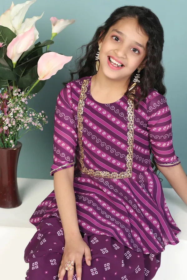 Dark_Purple_Georgette_Leheriya_Printed_Kurta_With_Dhoti_Set_For_Girls