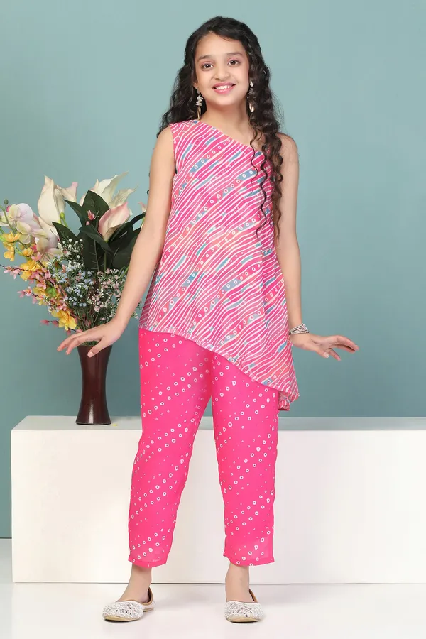 Pink_Georgette_Leheriya_Printed_Kurta_With_Pant_Set_For_Girls