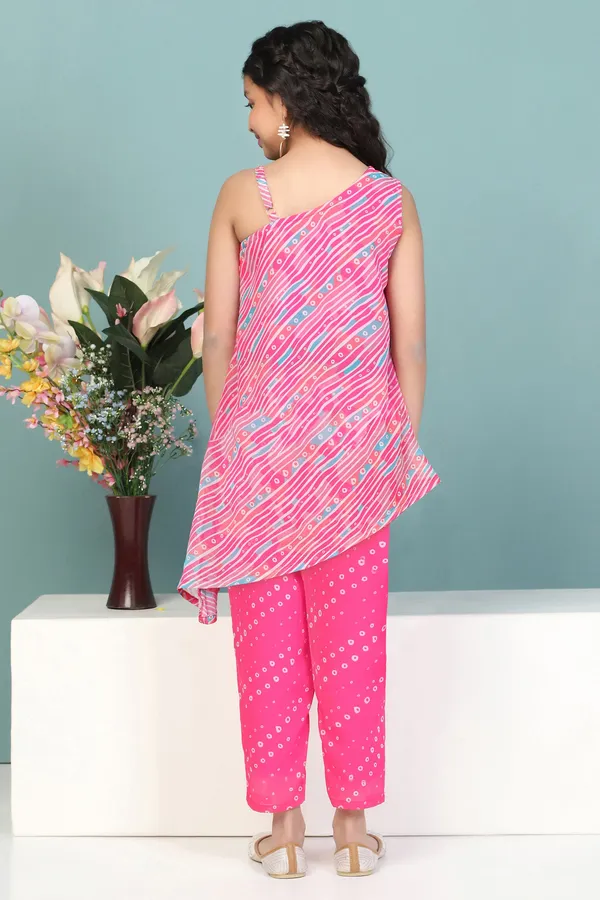 Pink_Georgette_Leheriya_Printed_Kurta_With_Pant_Set_For_Girls