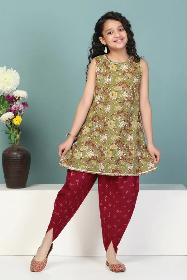 Olive_Floral_Printed_Cotton_Kurta_With_Dhoti_Set_For_Girls