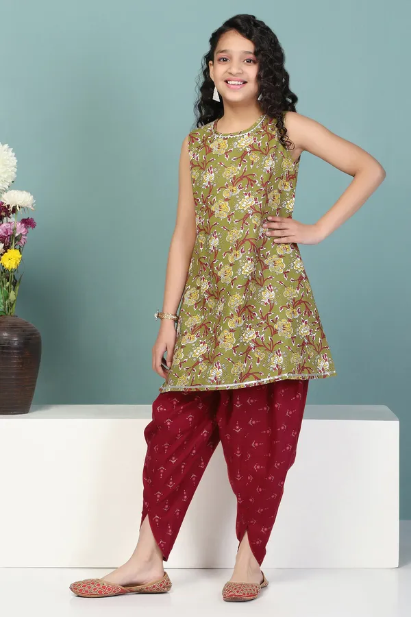 Olive_Floral_Printed_Cotton_Kurta_With_Dhoti_Set_For_Girls