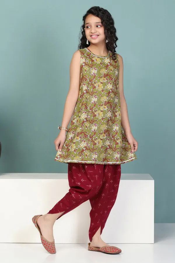 Olive_Floral_Printed_Cotton_Kurta_With_Dhoti_Set_For_Girls