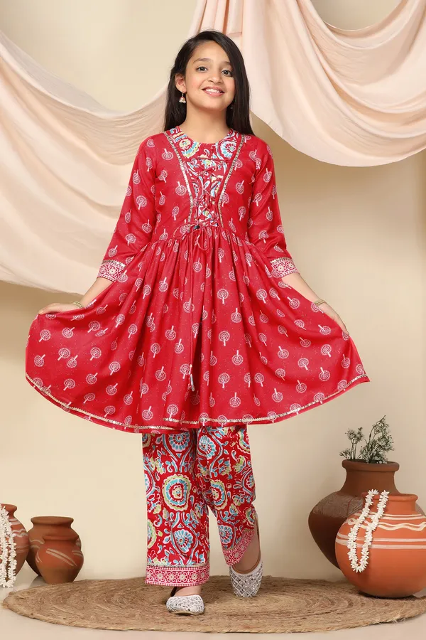 Red_Slub_Motif_Printed_Knee_Length_A-Line_Kurta_With_Pant_Set_For_Girls