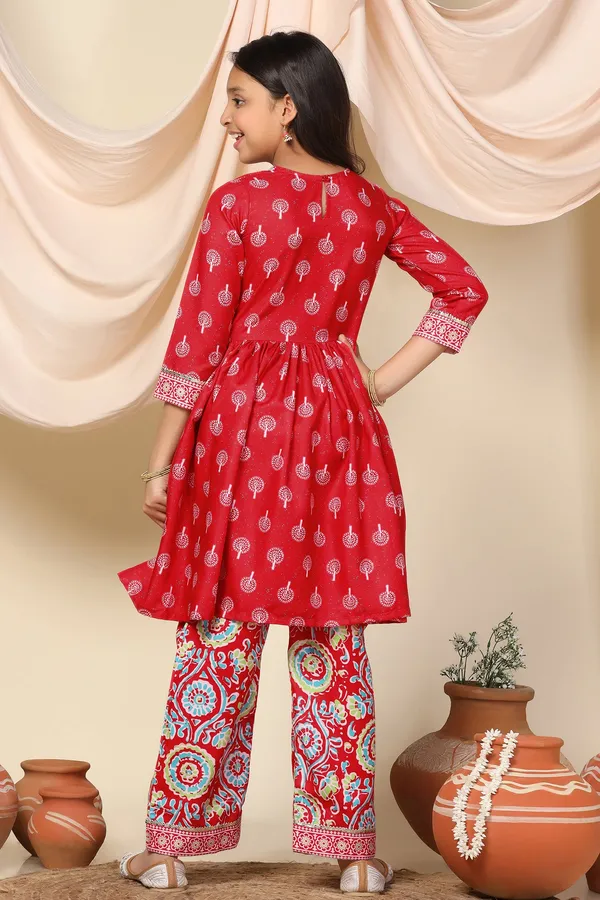 Red_Slub_Motif_Printed_Knee_Length_A-Line_Kurta_With_Pant_Set_For_Girls