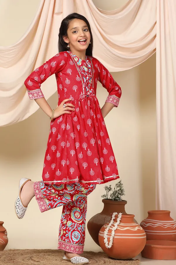 Red_Slub_Motif_Printed_Knee_Length_A-Line_Kurta_With_Pant_Set_For_Girls