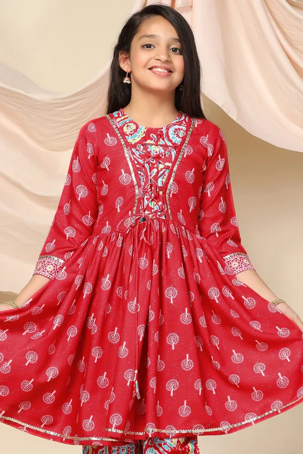 Red_Slub_Motif_Printed_Knee_Length_A-Line_Kurta_With_Pant_Set_For_Girls